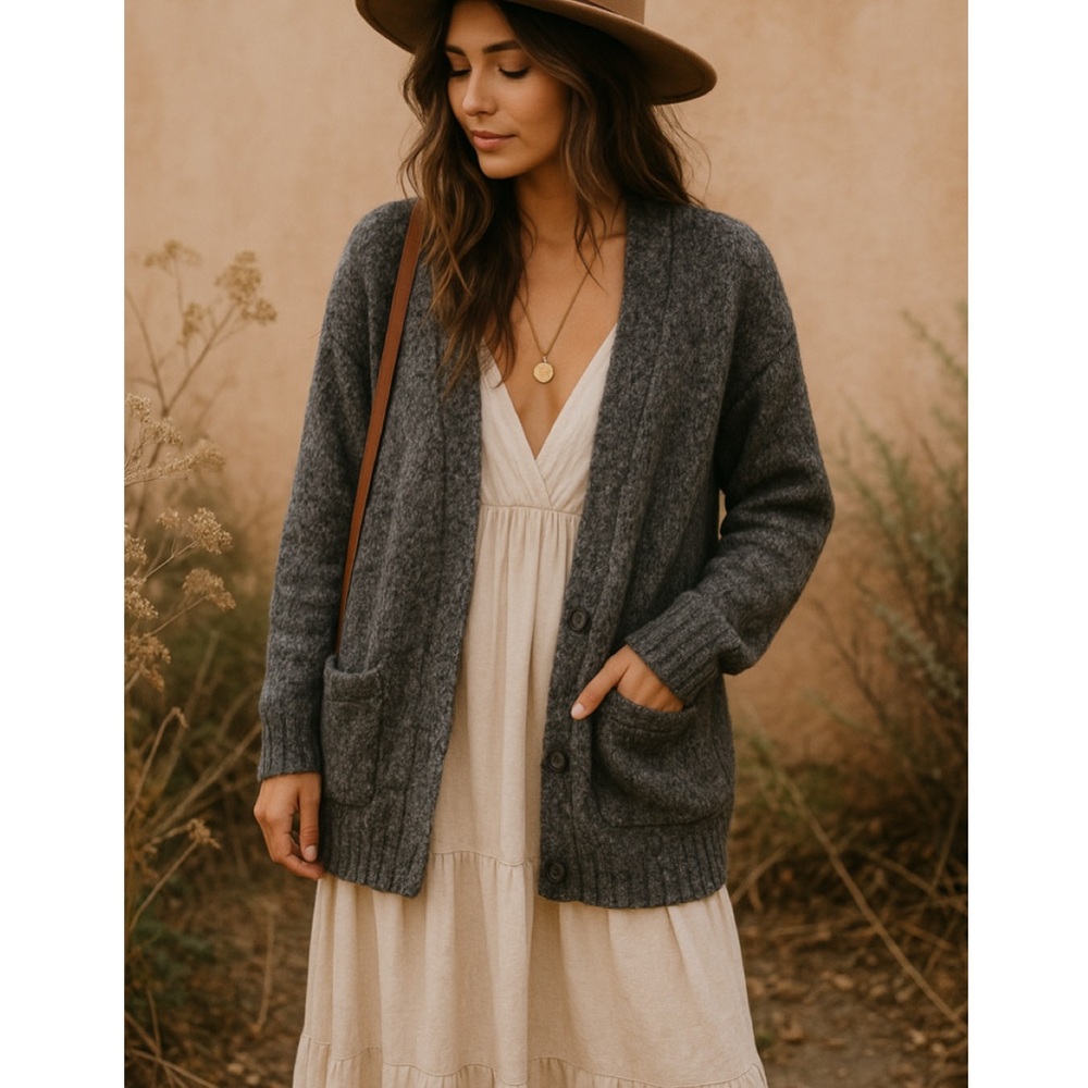 Free People Gray Black Bourke Oversized Chunky Cardigan Sweater XS
